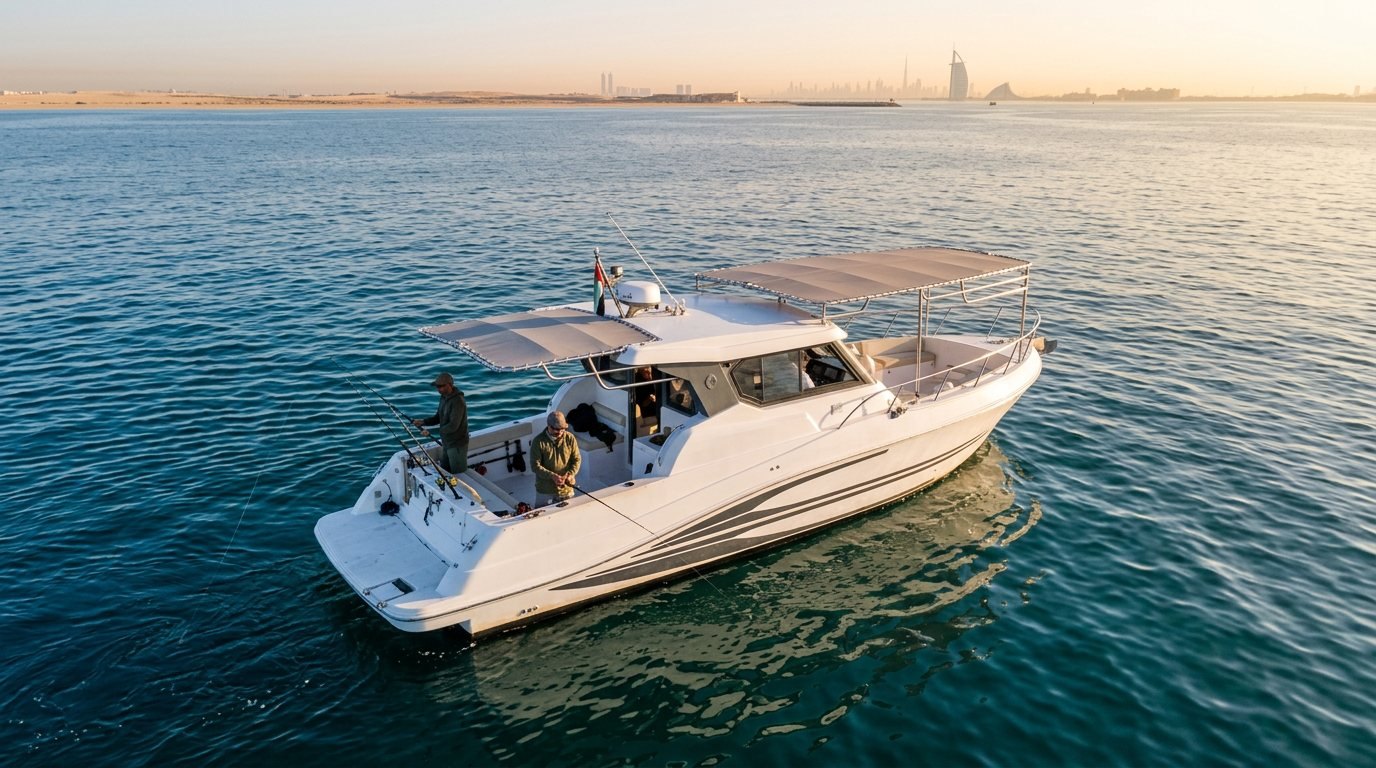 Anglers holding fishing rods on the stern of a boat offshore Dubai