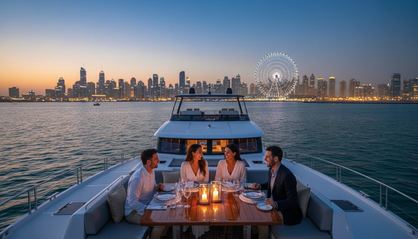 Candlelit dining table arranged on a yacht deck before the glittering Dubai Marina