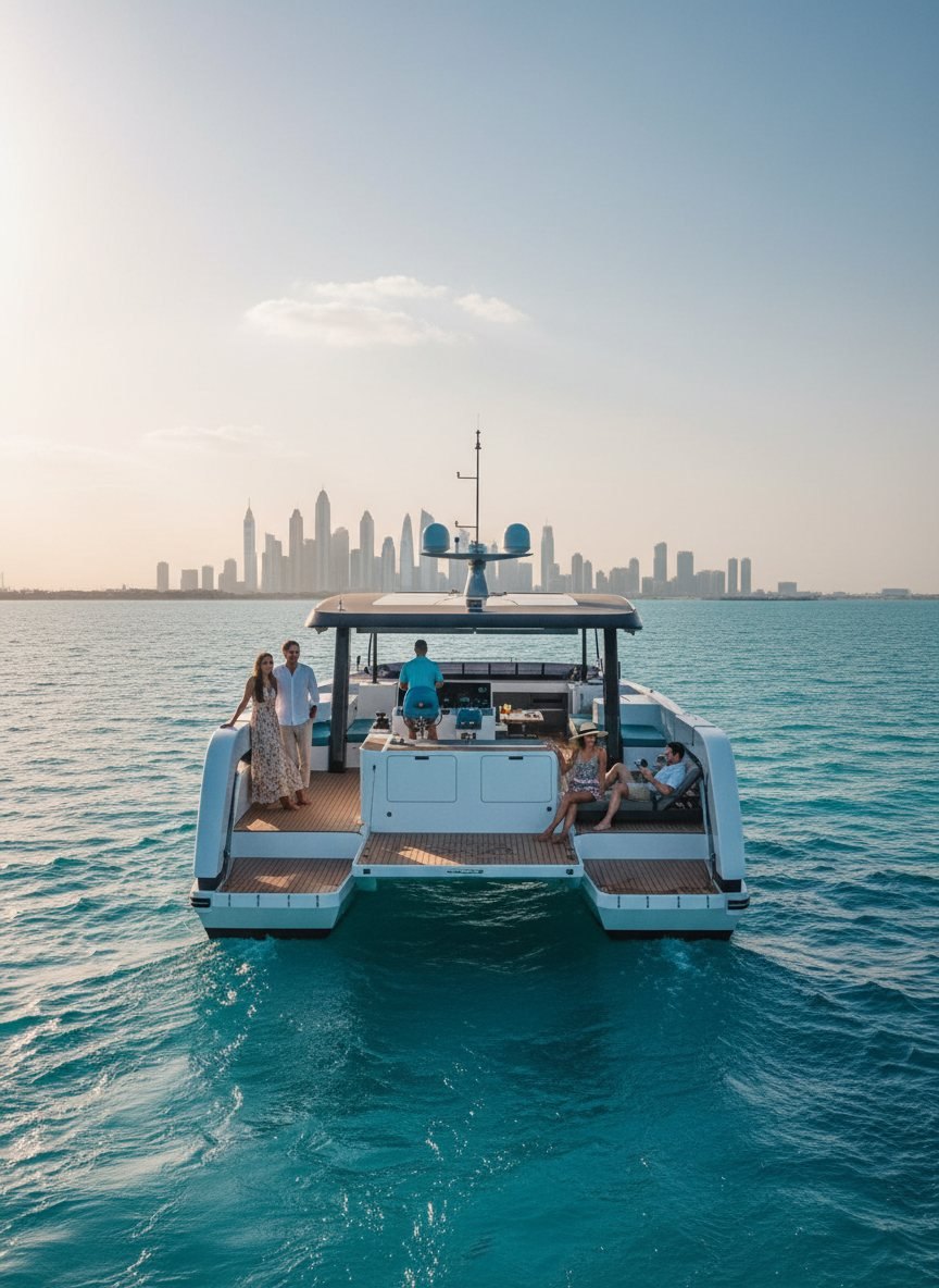 Captain steering the yacht helm while guests relax together on the stern