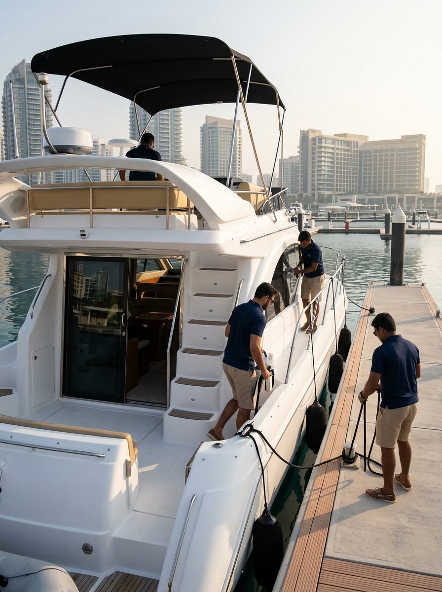 Crew members gathered along the marina dock beside a moored white yacht