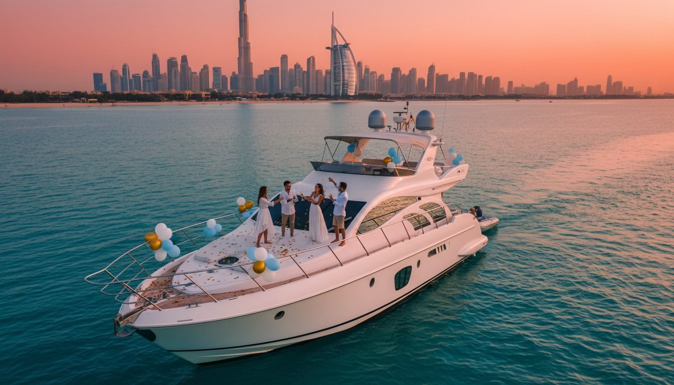 Decorated yacht with festive balloons and guests celebrating along the Dubai coastline