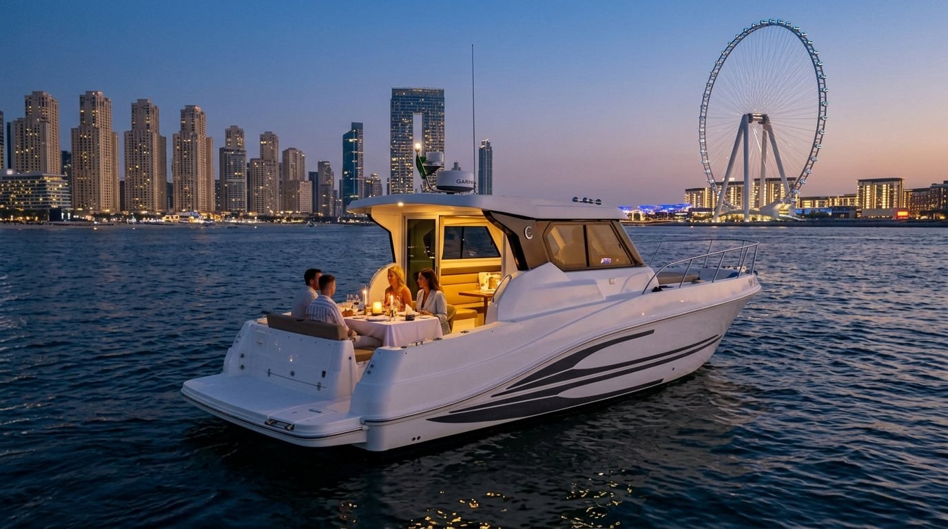 Elegantly set dinner table glowing with candles on a yacht against Dubai Marina