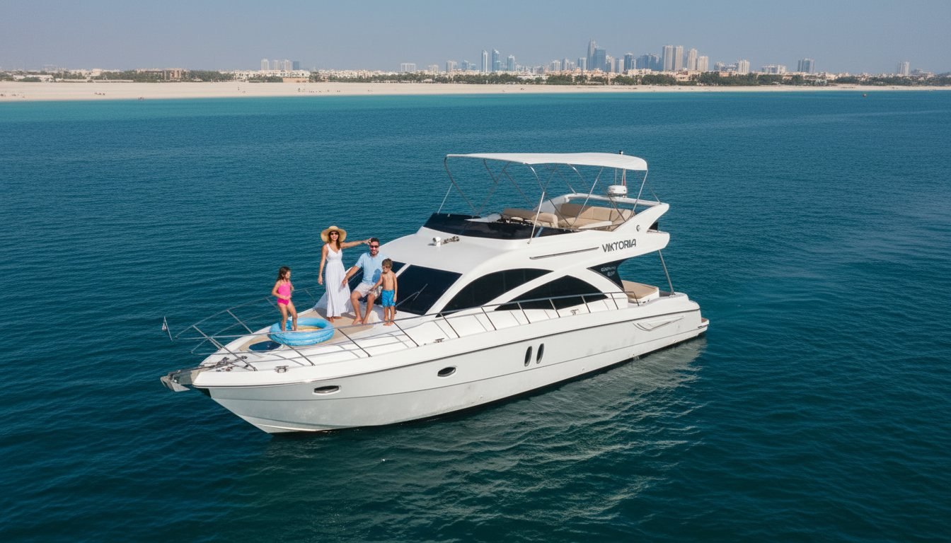 Family relaxing on the outdoor deck of a yacht near Dubai coast