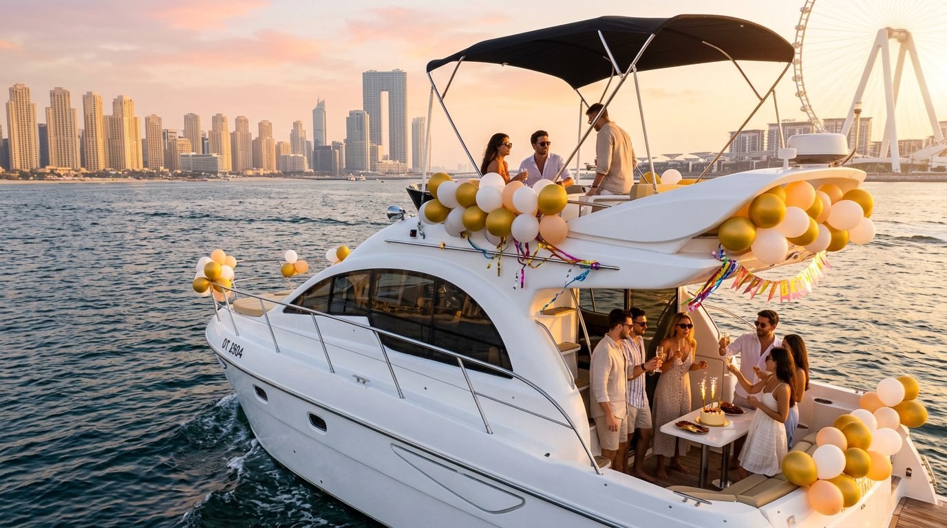 Guests celebrating a party with festive balloons on a yacht deck at dusk