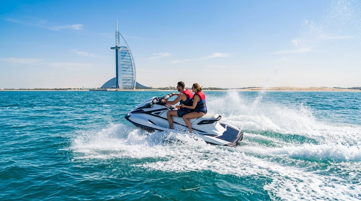 Modern jet ski speeding across turquoise waters with Burj Al Arab behind it