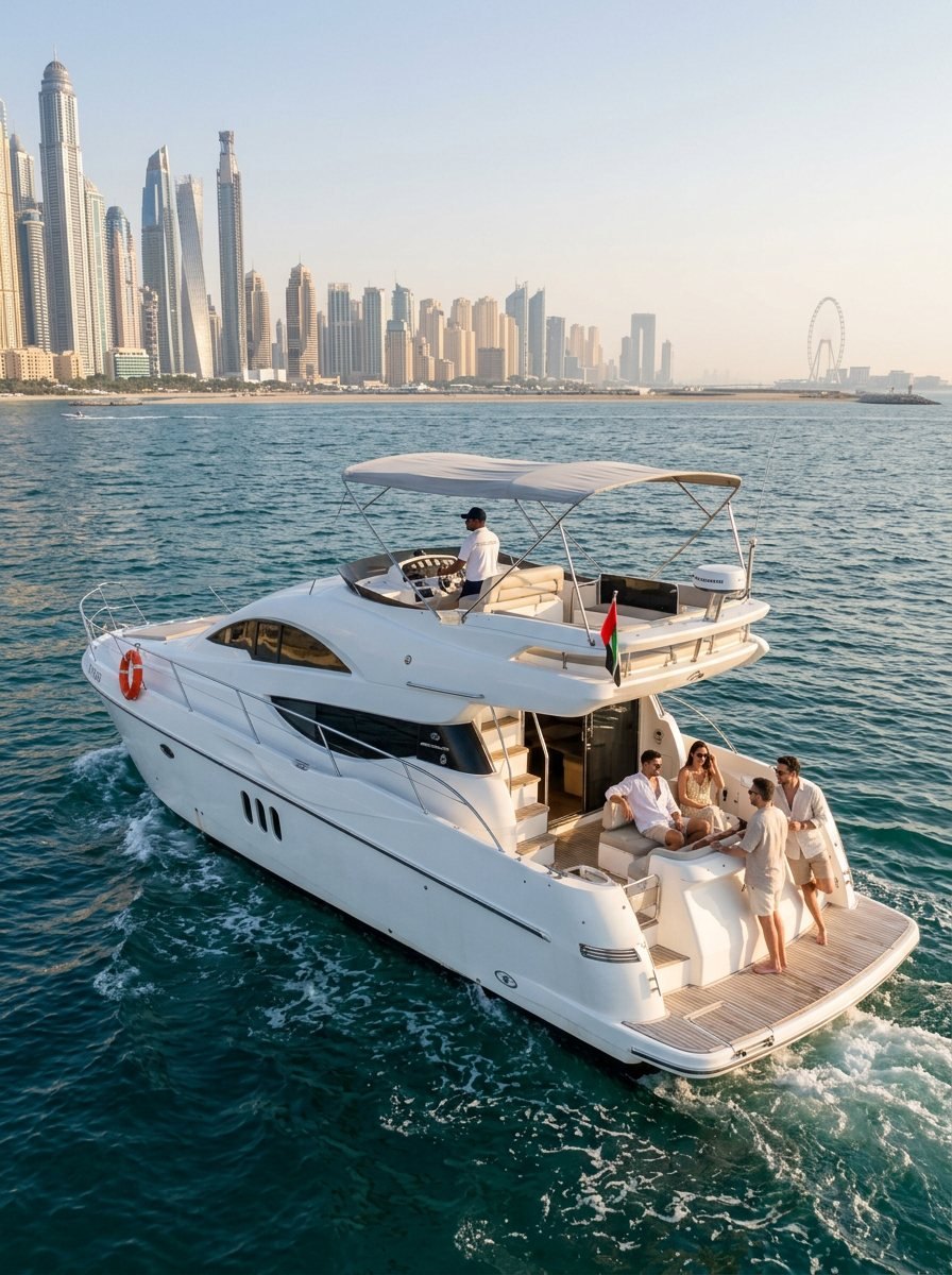Skipper navigating a motor yacht with passengers enjoying the aft seating area