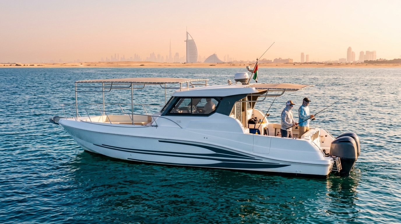 Two anglers fishing from the stern of a boat off the Dubai coast
