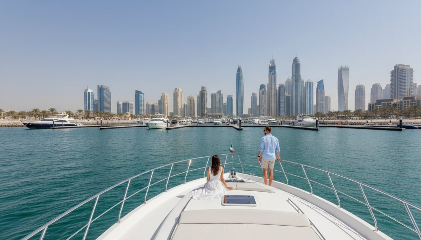 View of Dubai marina berths and residential high-rises across the sparkling water