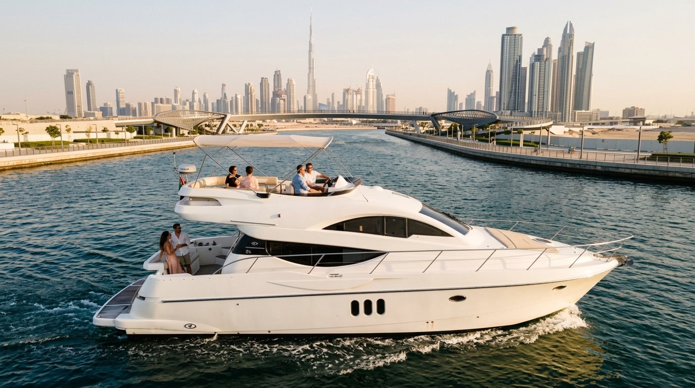 White motor yacht cruising past famous Dubai landmarks under warm evening skies
