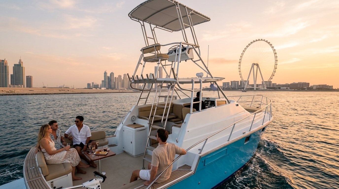 White motor yacht cruising past famous Dubai landmarks under warm evening skies