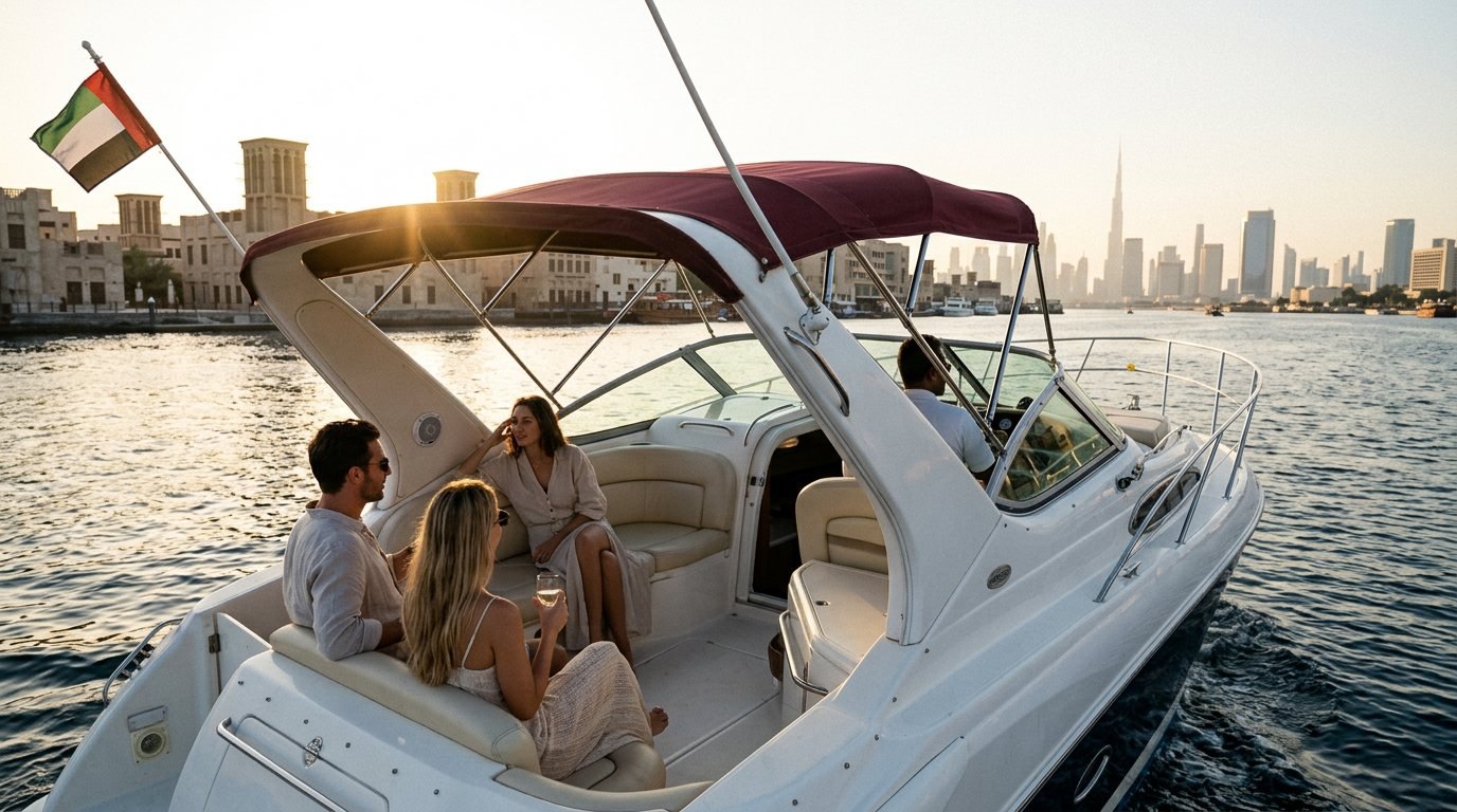 White motor yacht cruising past famous Dubai landmarks under warm evening skies
