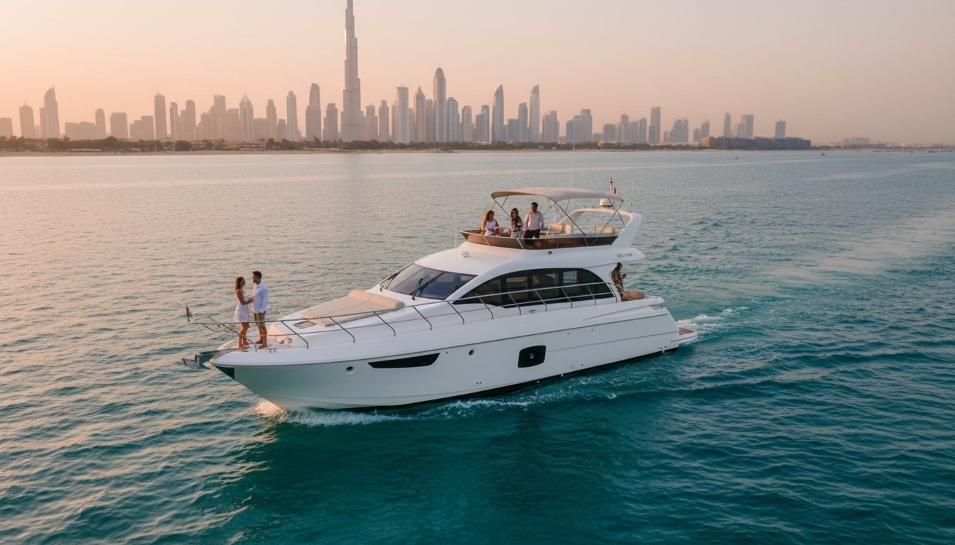 White motor yacht sailing on calm waters against the glowing Dubai skyline
