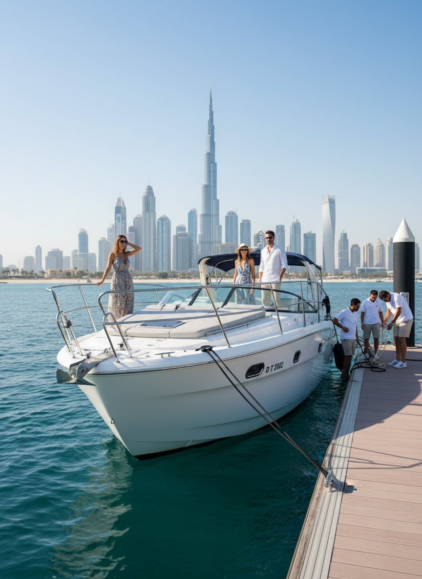 Yacht crew members working along the sunny Dubai marina pier beside moored boats