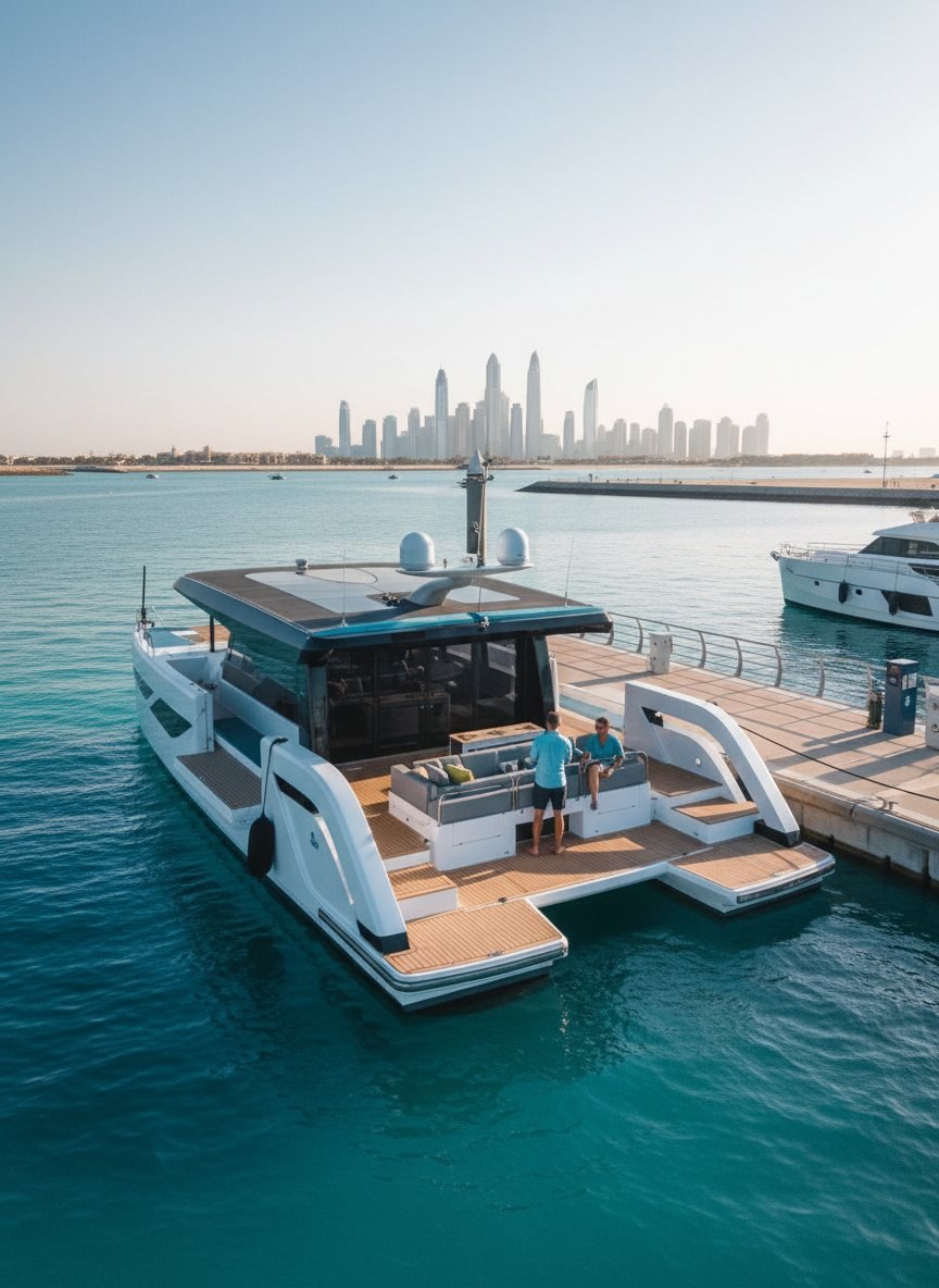 Yacht crew standing on a wooden marina pier beside the calm morning water