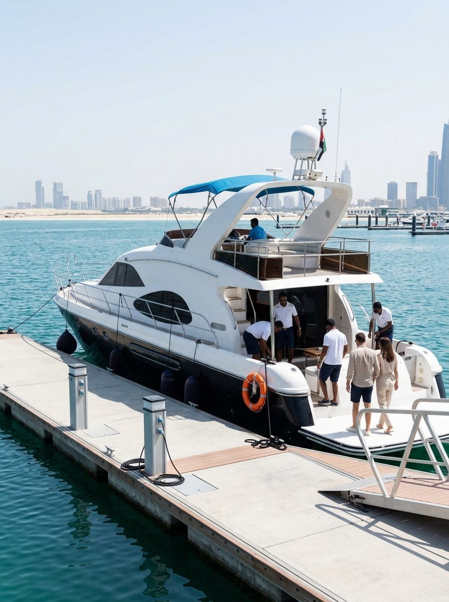 Yacht staff preparing on the marina pier under the bright midday sun